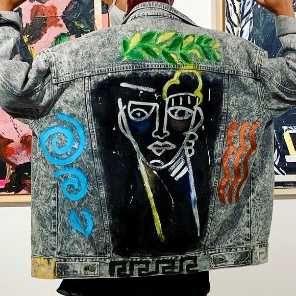 ZEUS Retro Acid Wash Custom Painted Streetstyle Boyfriend Denim Trucker Jacket L - Picture 5 of 6